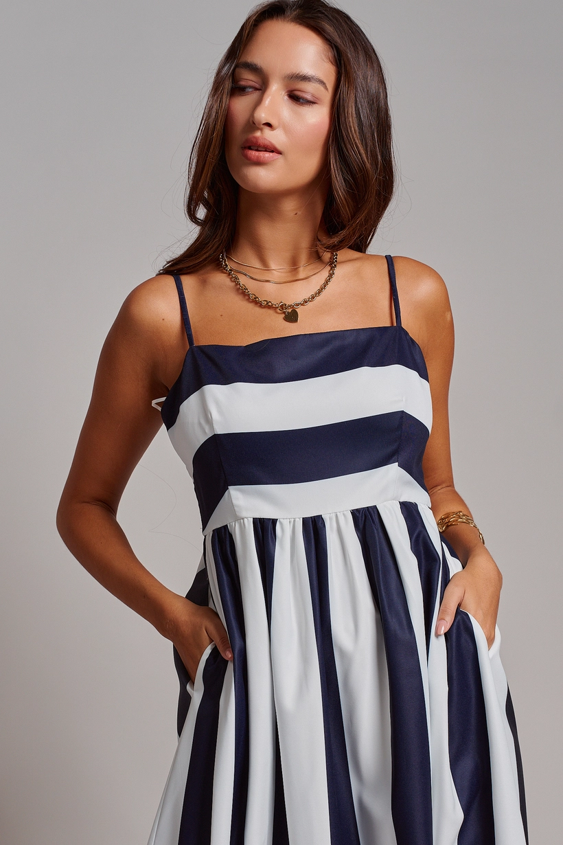 Vertical Stripe Smocked Back Maxi Dress - Ivory Navy
