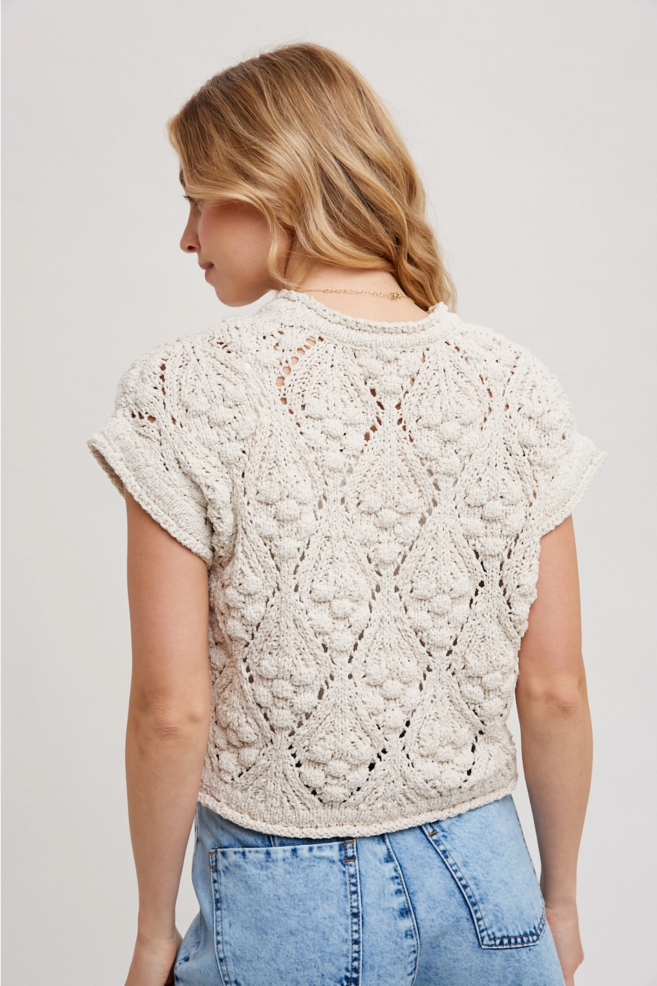 Knit Sweater Short Sleeved Pullover - Natural