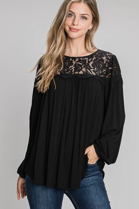 Long Sleeve Knit Top w/Eyelash Lace Illusion - Black