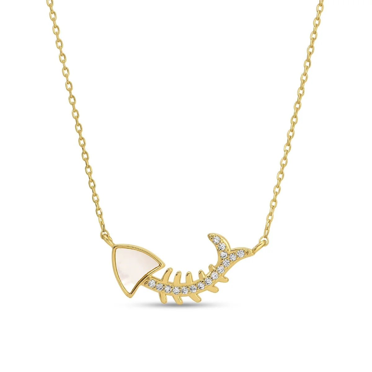 Necklace - Large pave fish bones pendant with shel accent - Gold