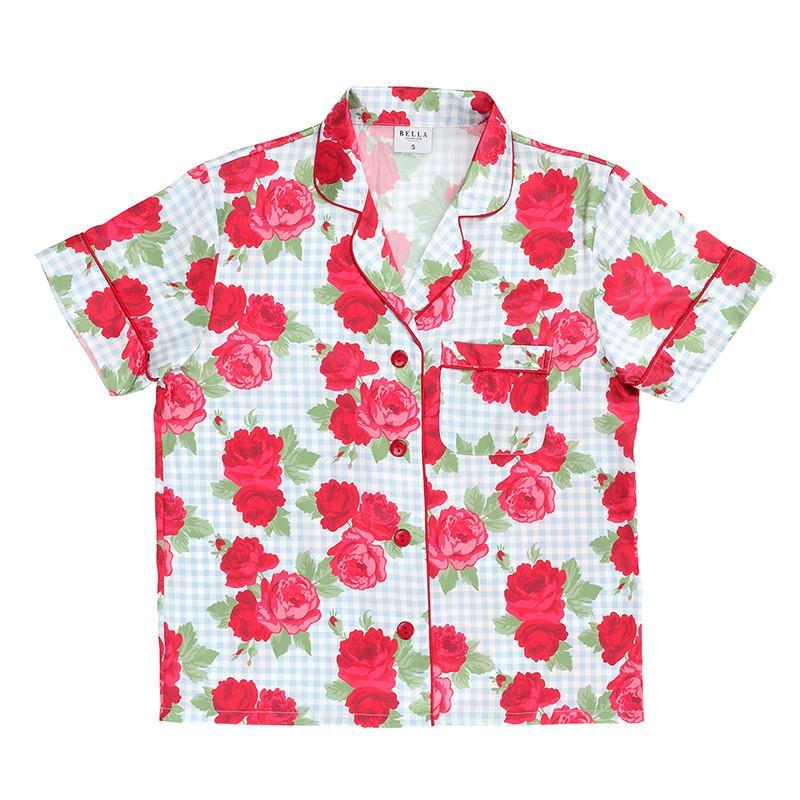 Pjs with Velvet Tie - Blue Gingham + Red Roses