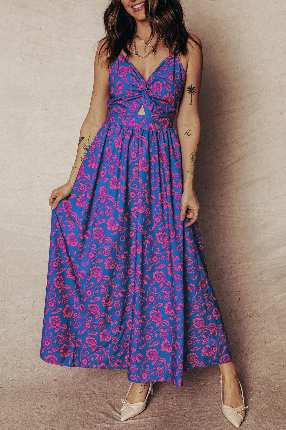 Floral Boho Maxi Dress Cutout Back - Blue