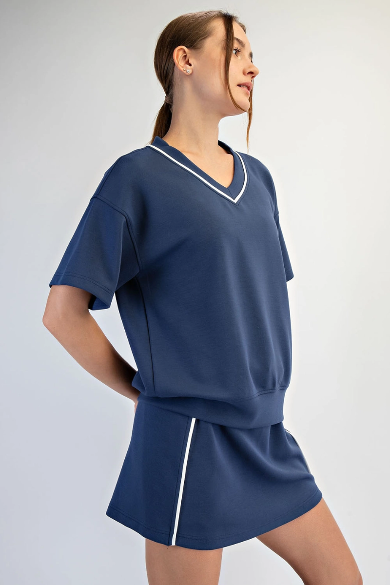 Rae Mode Modal Scuba V Neck Flat Piping Short Sleeve Top - Side View