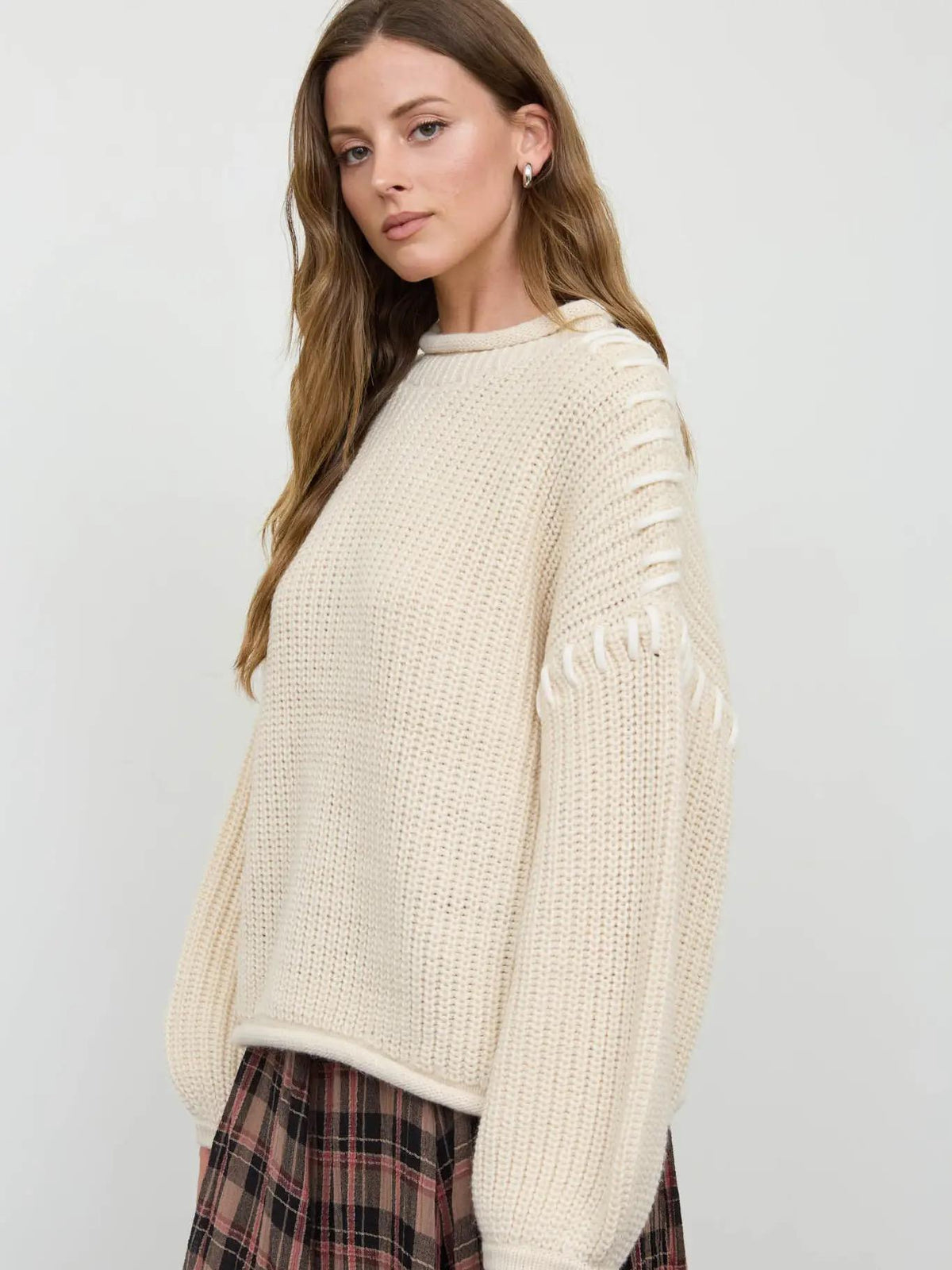 Contrast Stitch Detail Mock Neck Chunky Sweater