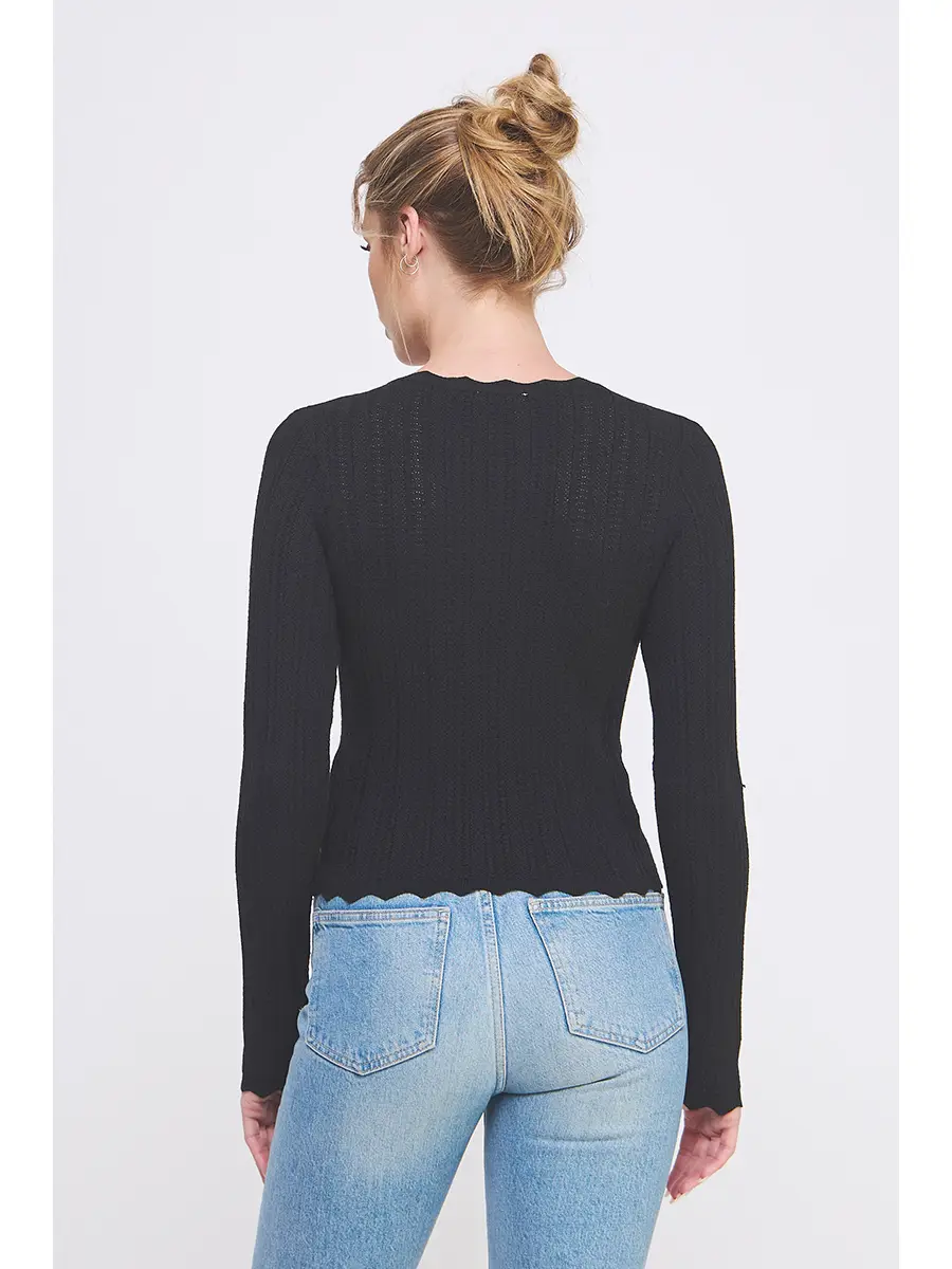 Pointelle Henley Sweater with Scalloped Edge - Black