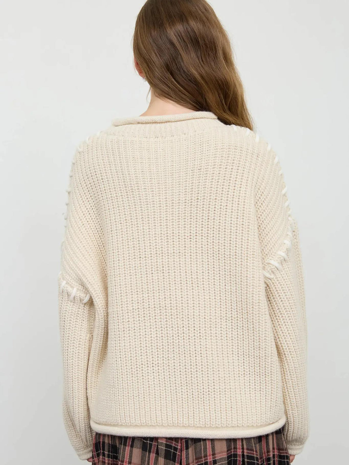 Contrast Stitch Detail Mock Neck Chunky Sweater