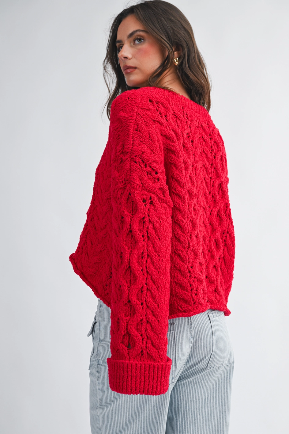 Textured Cropped Henley Knit Sweater