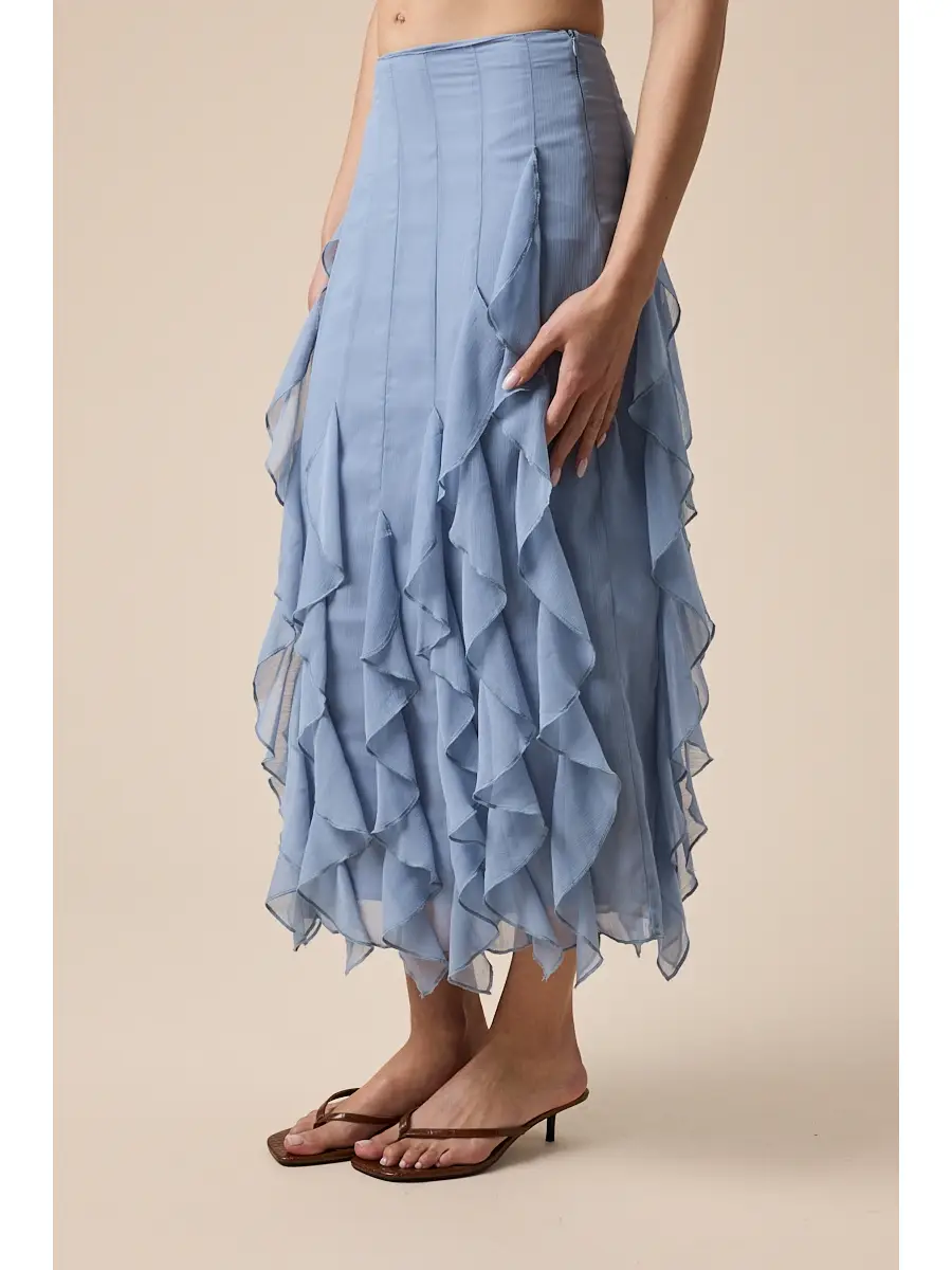 Sheer High-Waist Tiered Ruffle Lace Midi Skirt