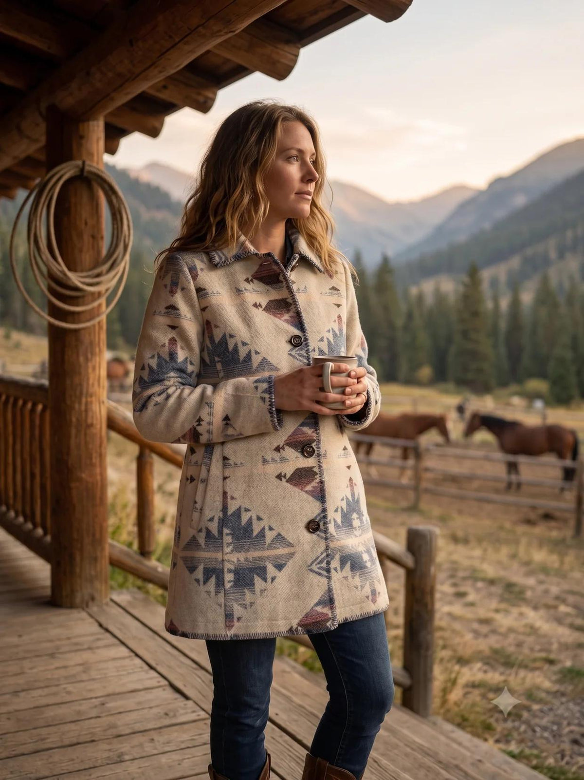 Aztec Long Coat with Blanket Stitching