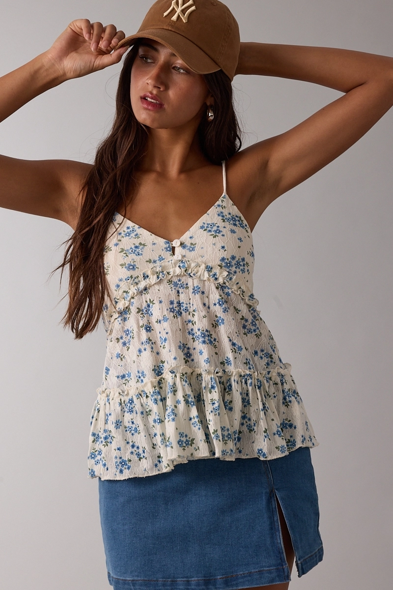 Vintage Textured Floral Bust Buttons Cami Top - Blue Floral