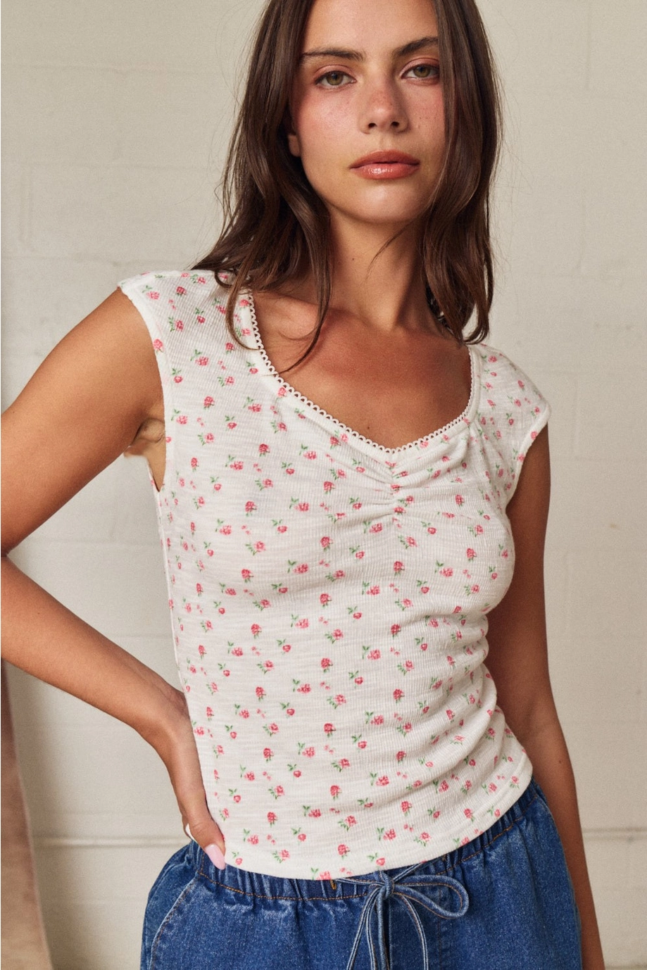 Cap Sleeve Ditsy Floral Print Top