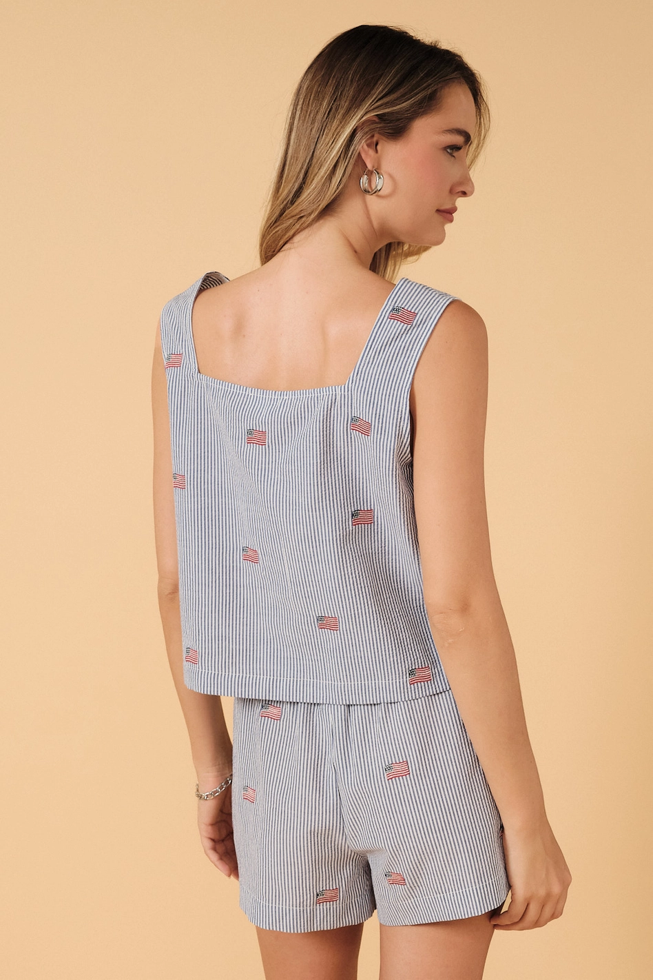 Square Neck Stripe Seersucker Flag Embroidered Top - Navy/White Stripes