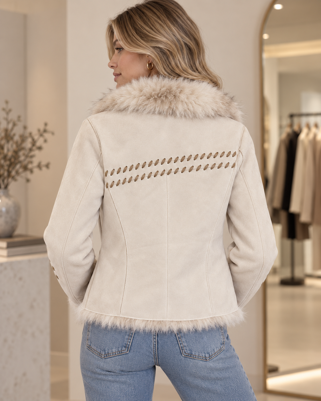 Montana Co Suede Jacket with Stitching & Fur Collar - Off White