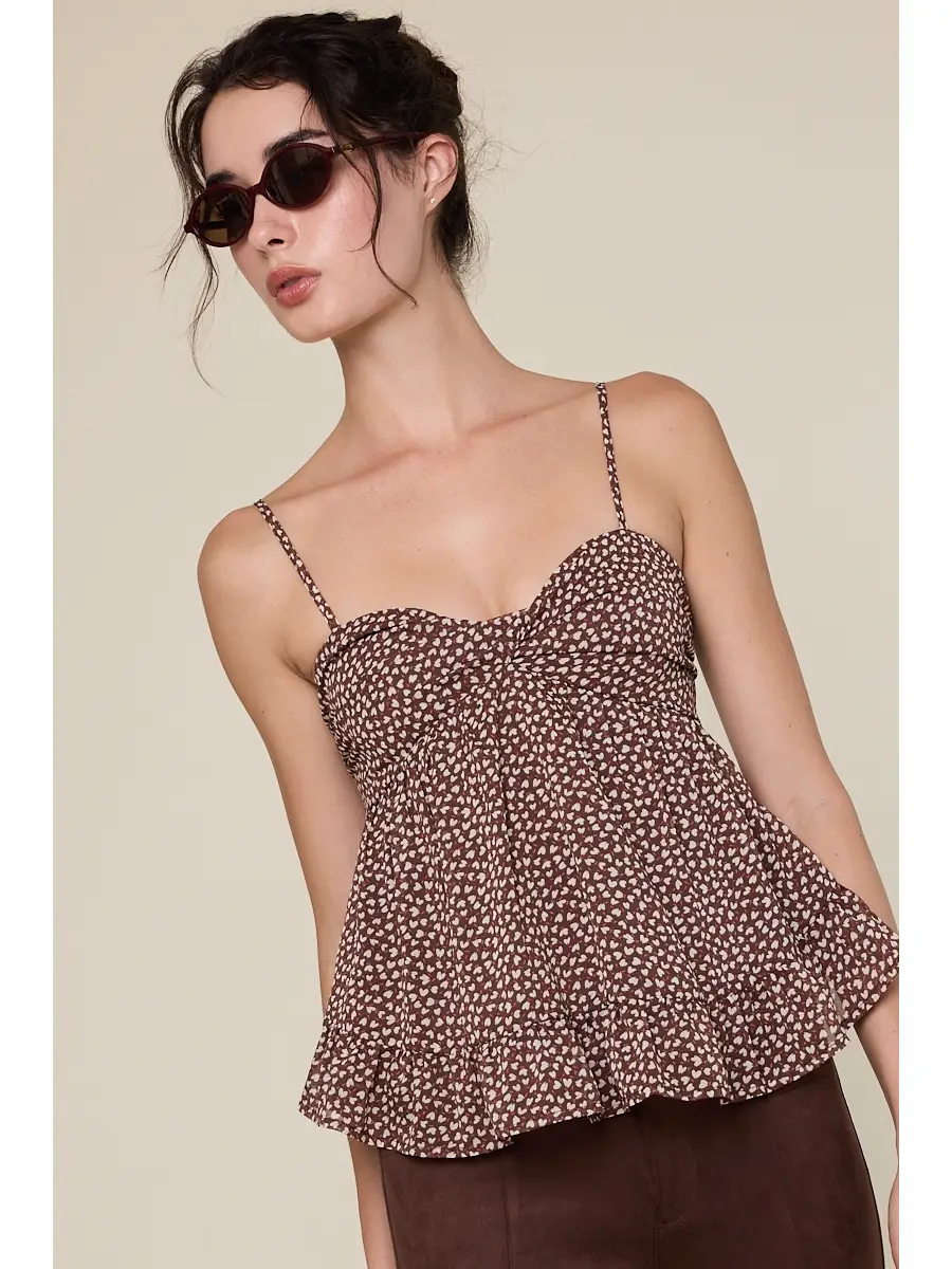 Brown Ditsy Heart Twisted Ruched Bust Ruffle Top
