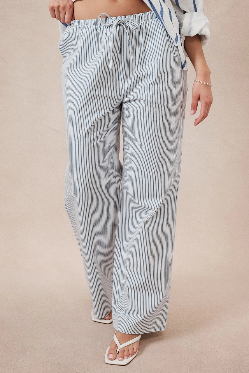Midi Waist Draw String Stripe Twill Wide Pants - White/Blue Stripe