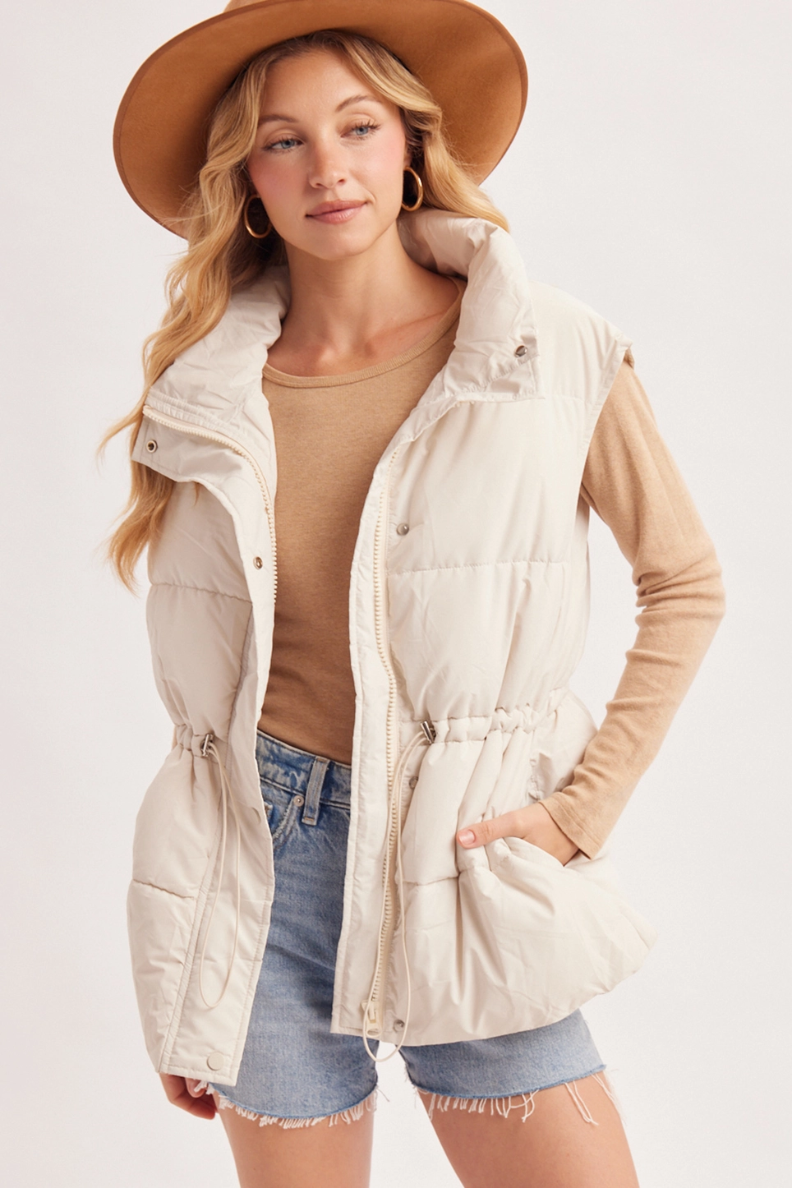 Funnel Neck Waist-String Puffer Vest