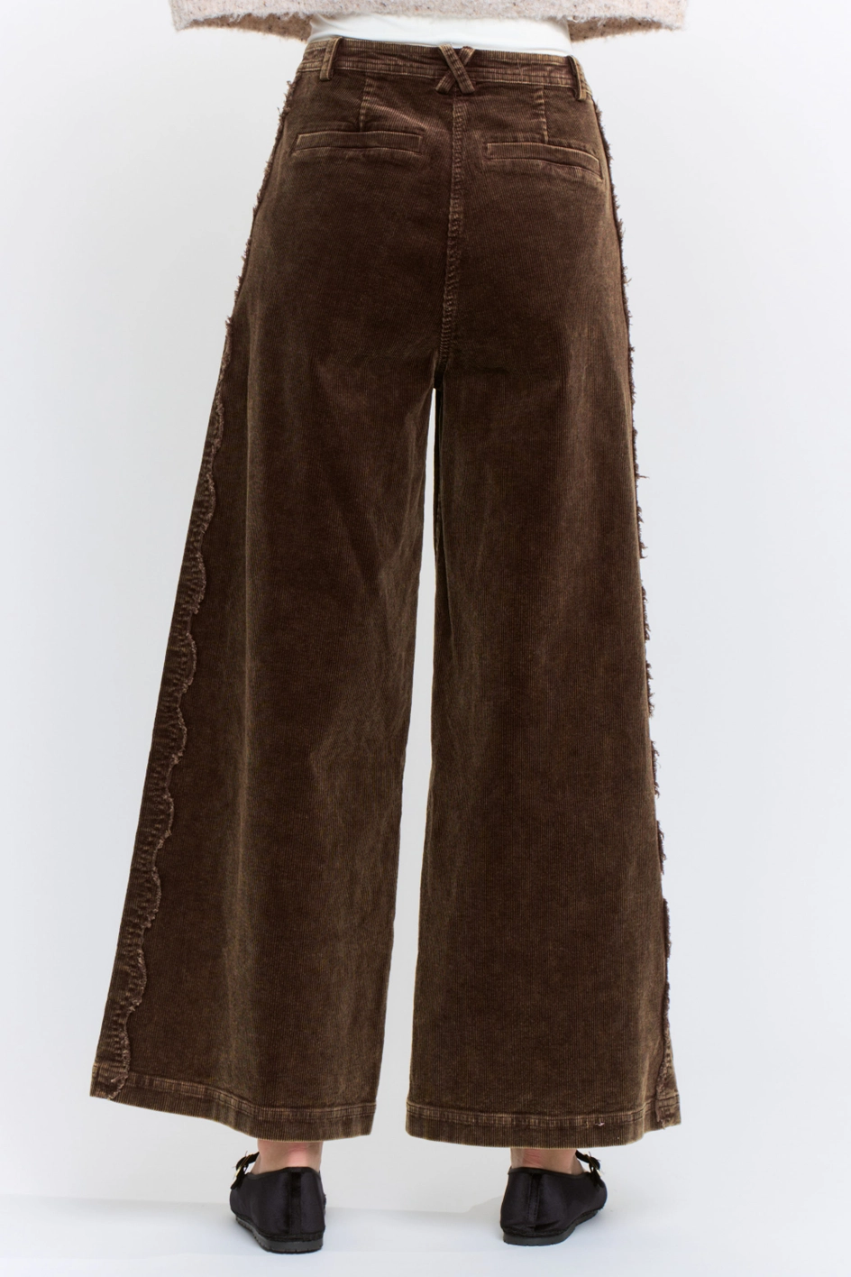 Wide-Leg Corduroy High-Rise Scalloped Trousers - Brown