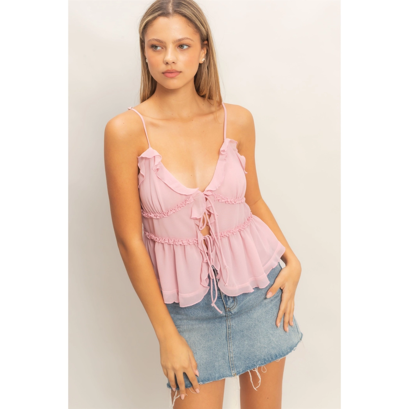 Layered Tie-Front Camisole Top - Blush