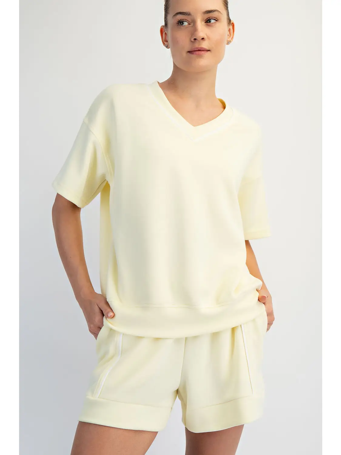 Rae Mode Modal Scuba V Neck Flat Piping Short Sleeve Top - Front View