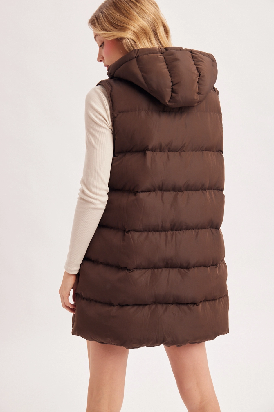 Hooded Zipper Down Longline Puffer Vest - Chocolate