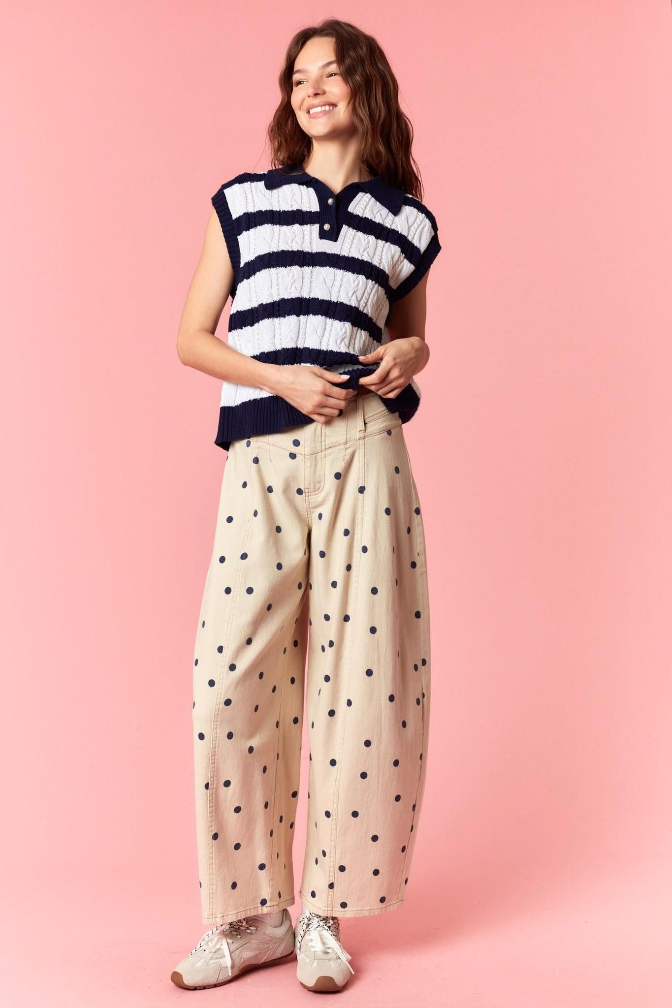 Polka Dot Printed Twill Western Waist Deatailed Barrel Pants