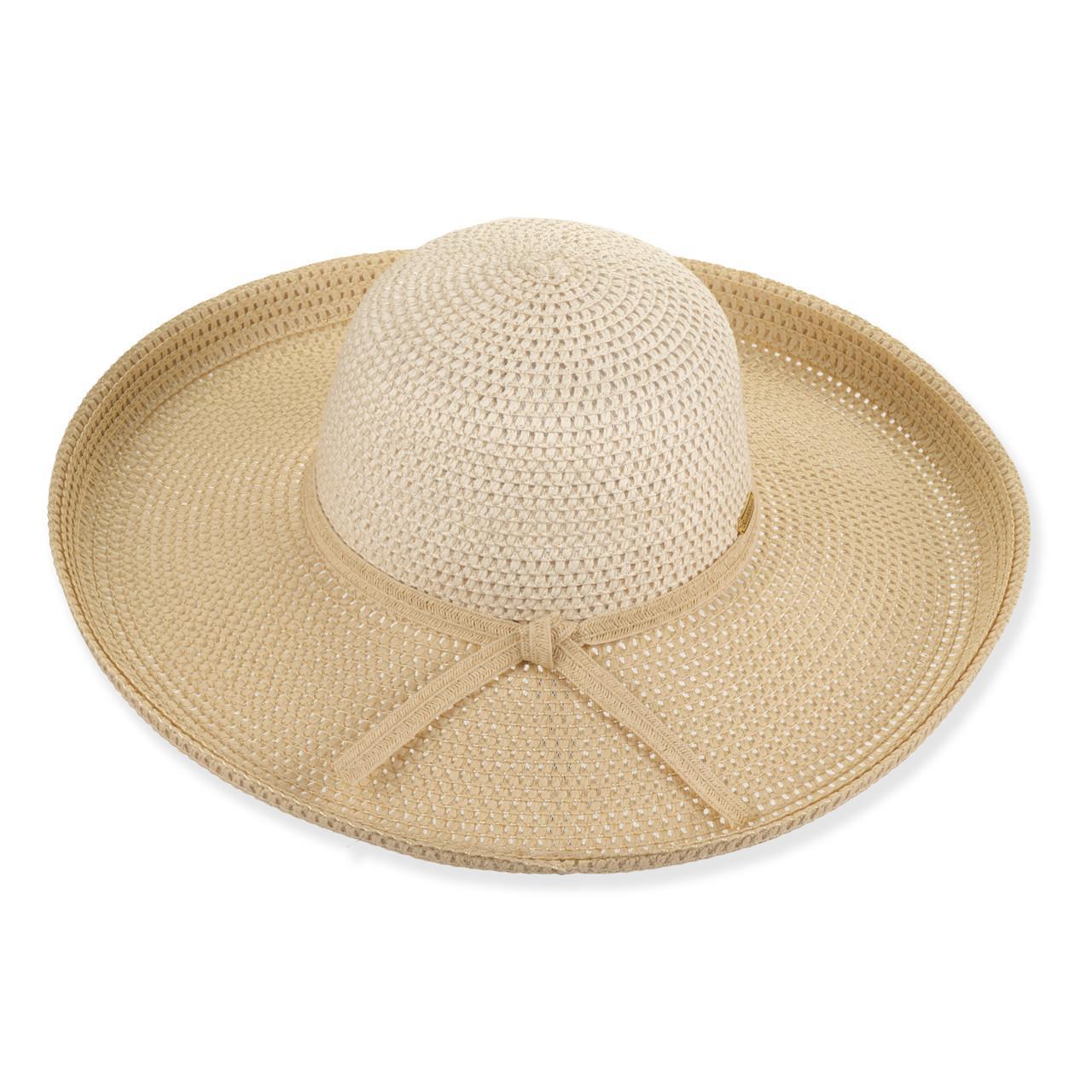 Womens Paper Straw Hat Up Brim w/ 1.5" Upturn - Beige & Ivory