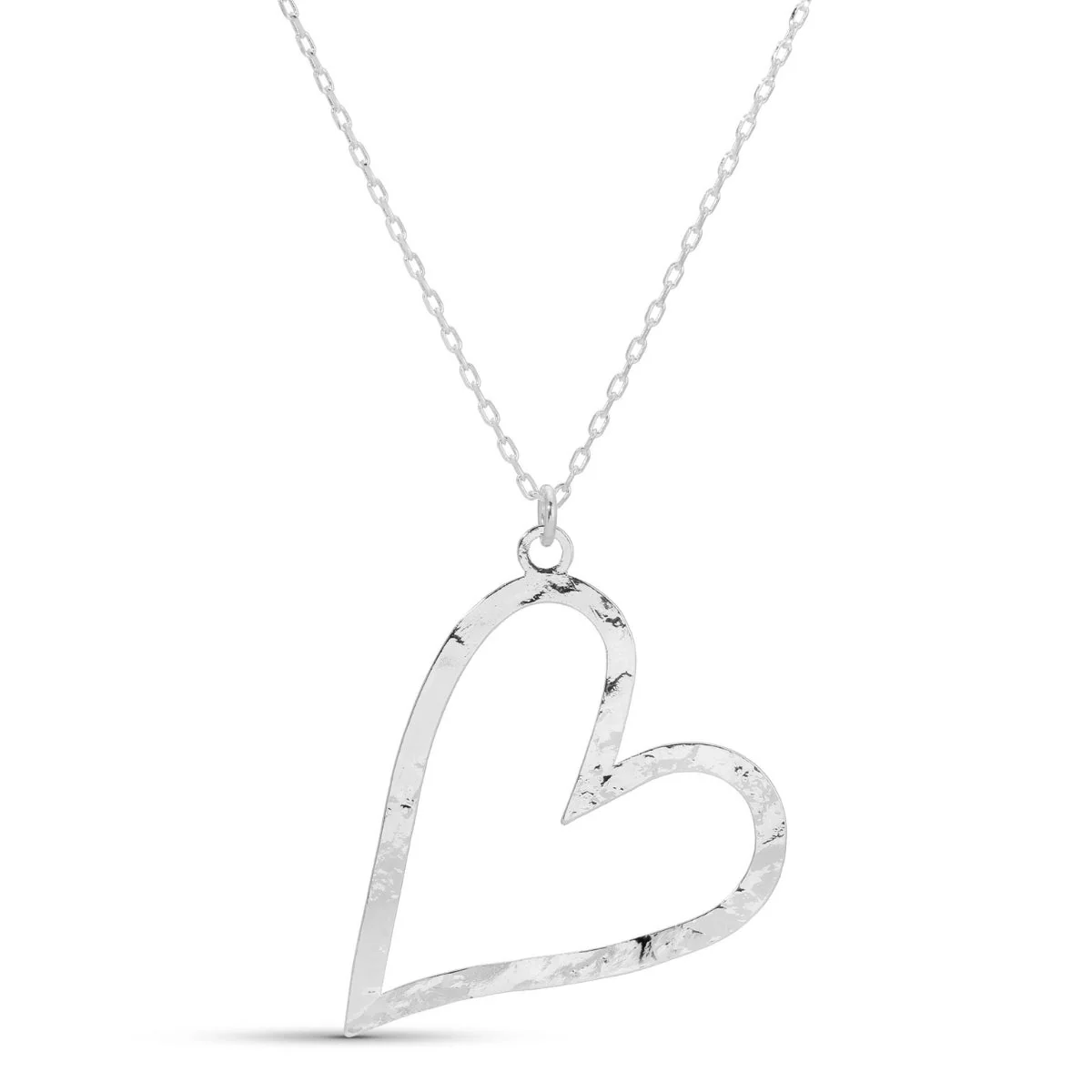 Necklace - Lightly textured large open angeled heart - Silver