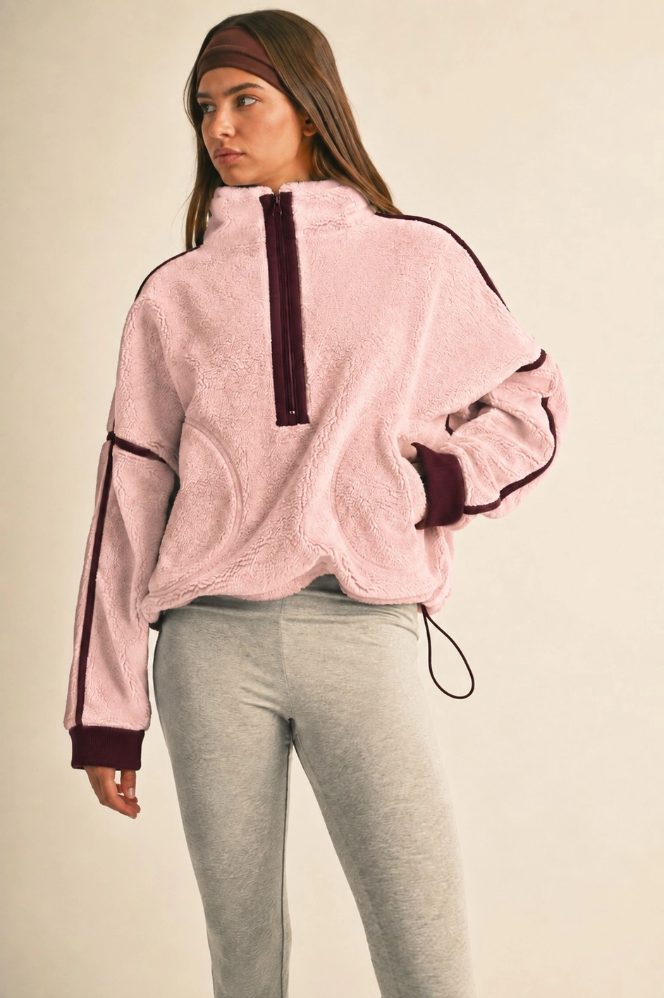 Contrast Trim Fleece Half-Zip - Pink