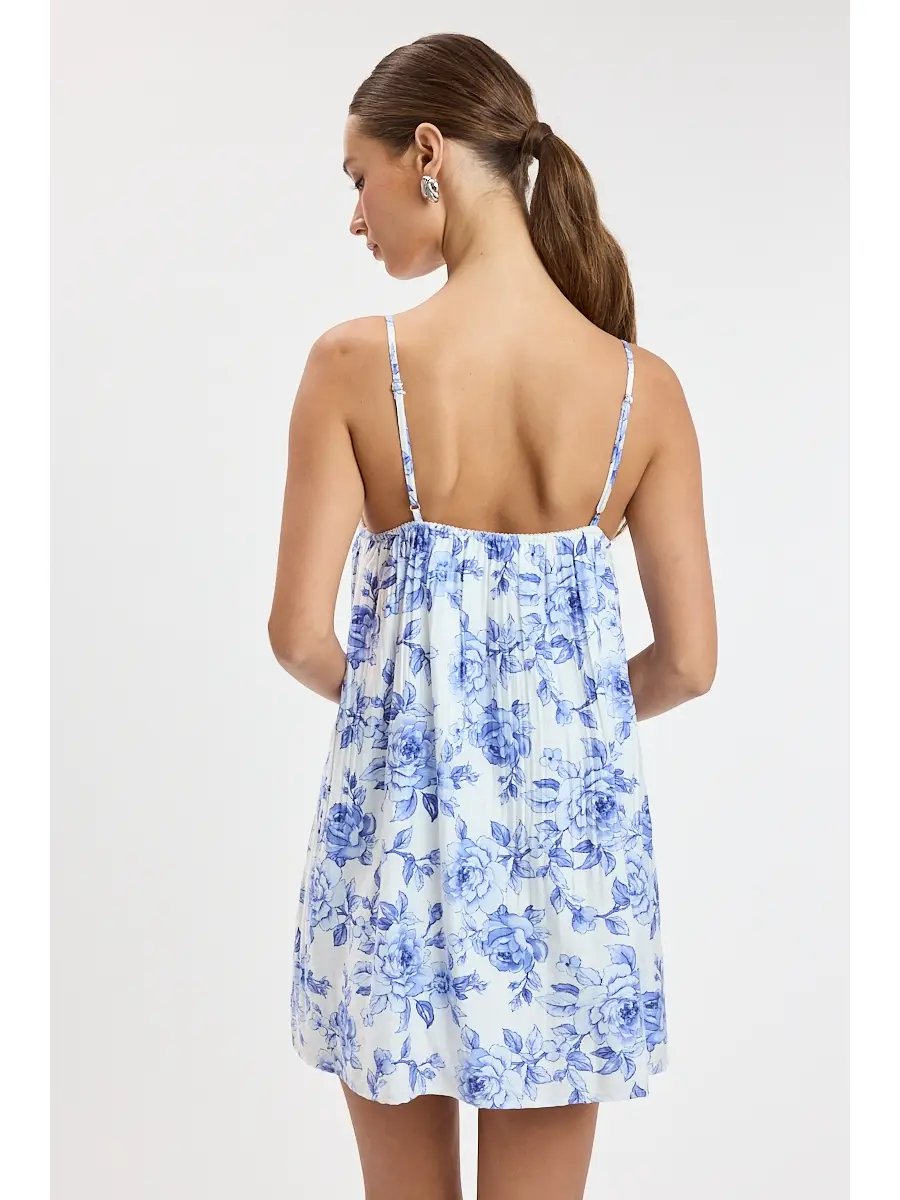 Lace Sweetheart Vivid Camellia Swing Mini Dress - Blue Camellia