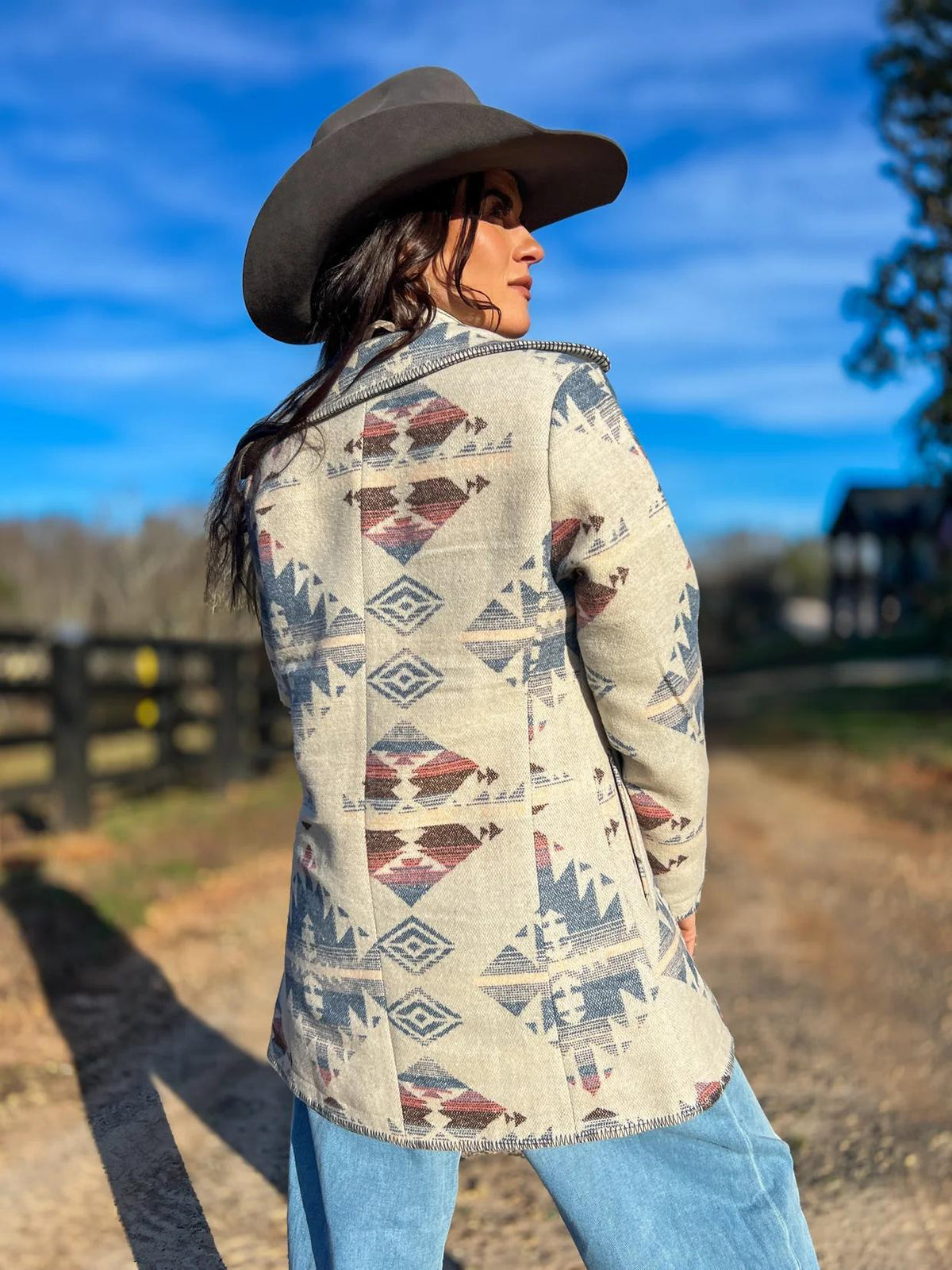 Aztec Long Coat with Blanket Stitching