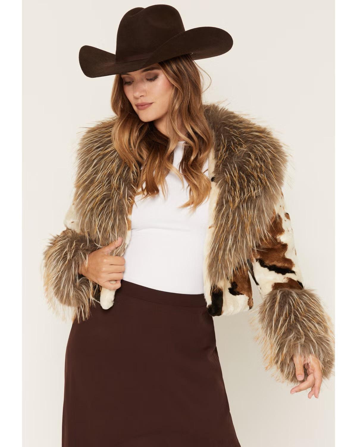 Azalea Wang Bree Cow Faux Fur Shawl Collar Cropped Coat - Brown Multi