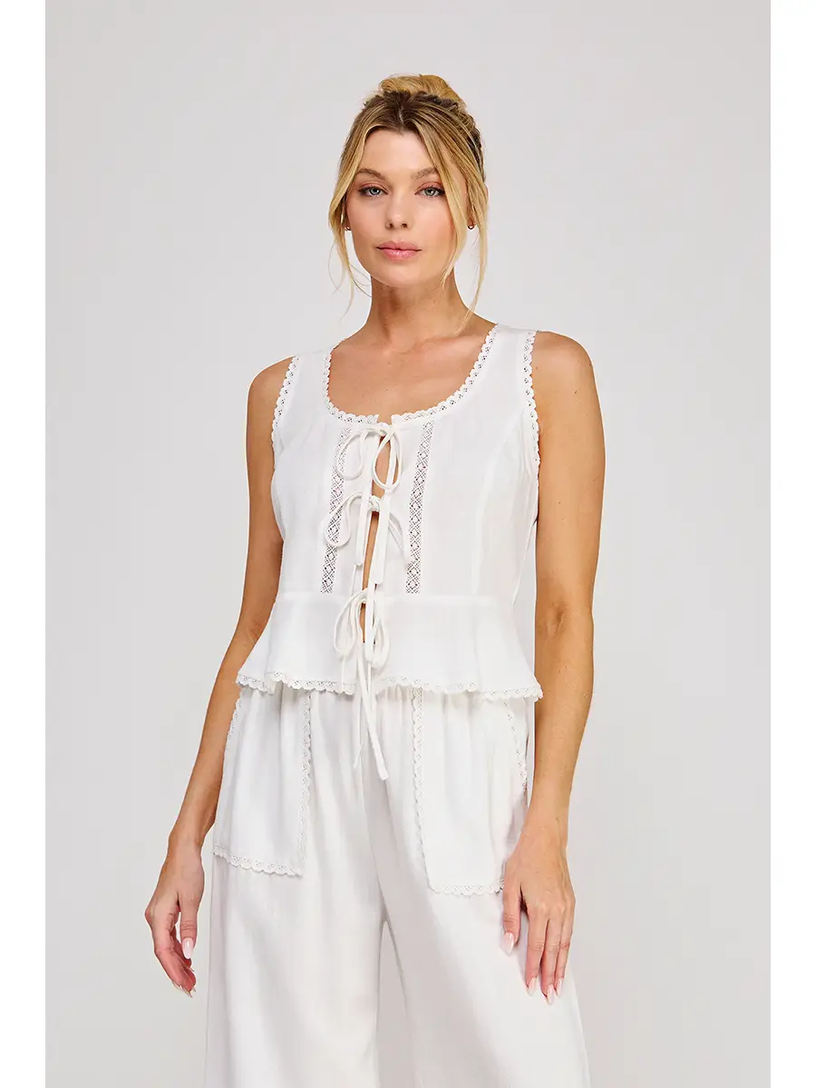 3-Tie Lace Detail Linen Blend Peplum Tank - Off White