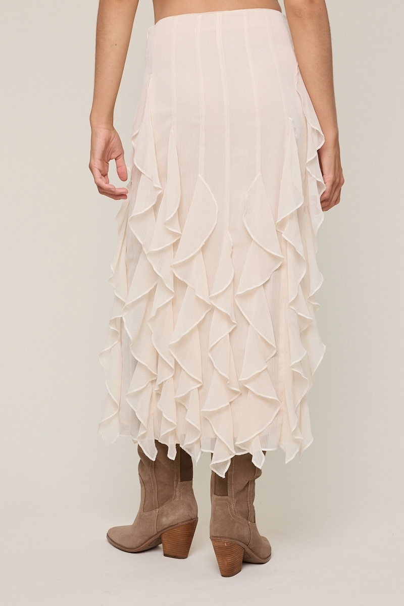 Sheer High-Waist Tiered Ruffle Lace Midi Skirt
