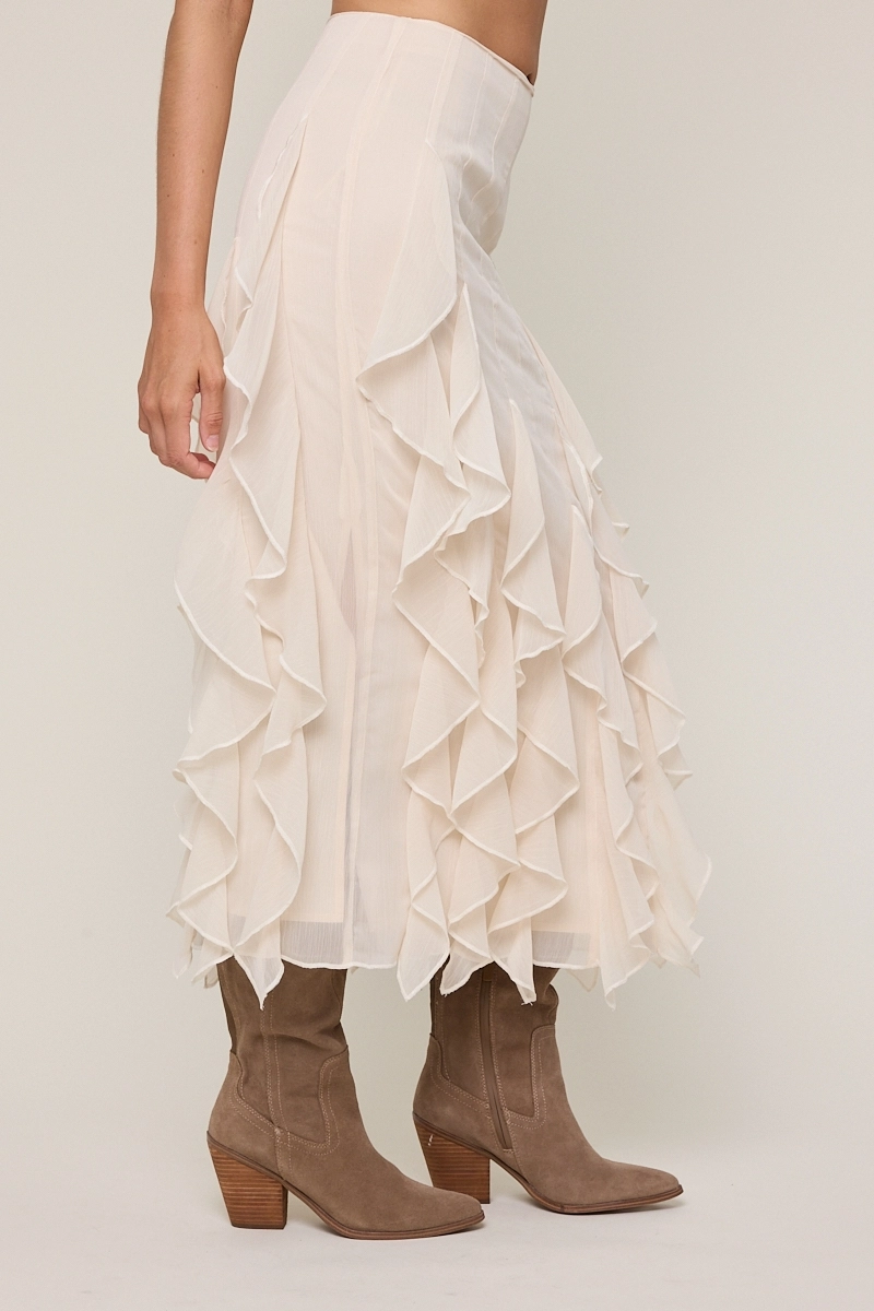 Sheer High-Waist Tiered Ruffle Lace Midi Skirt