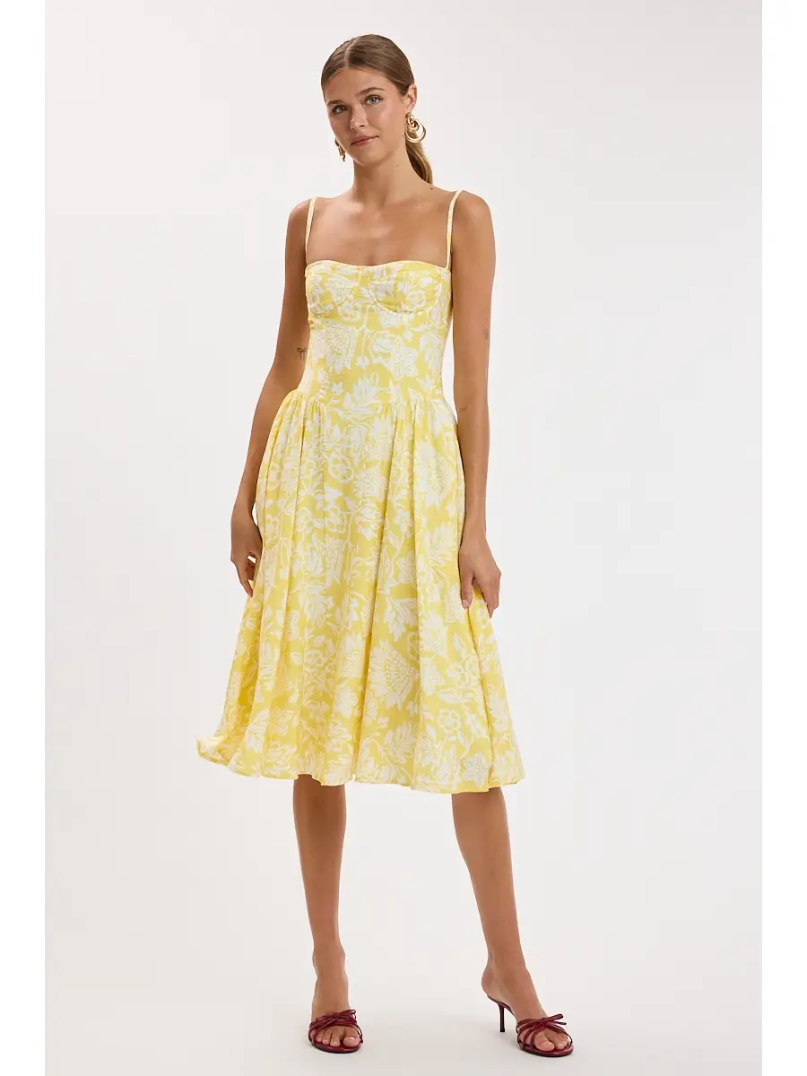 Yellow Floral Sleeveless Underwire Long Midi Dress