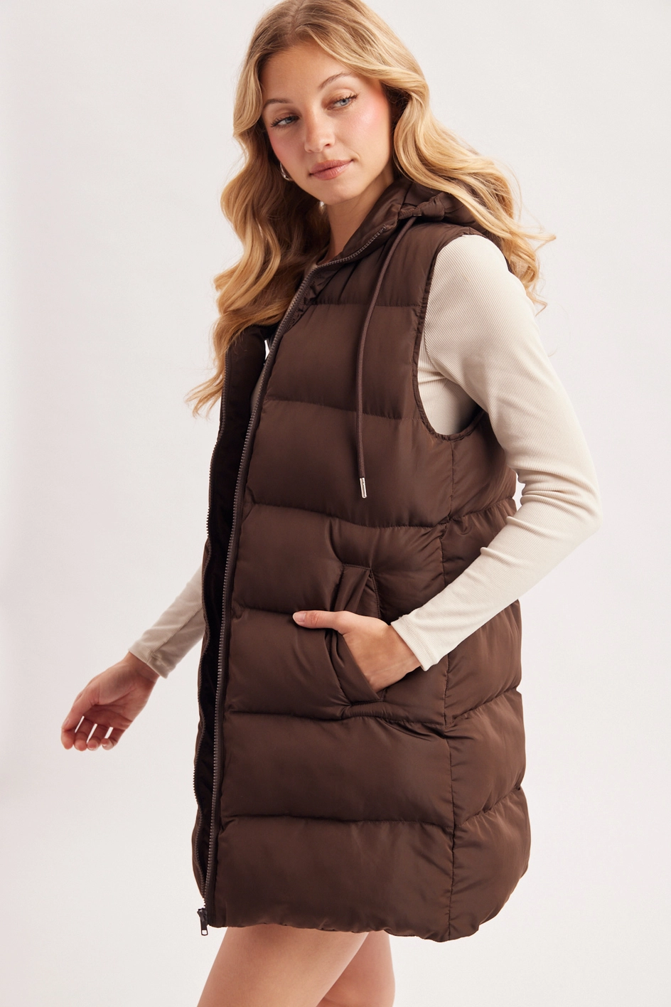 Hooded Zipper Down Longline Puffer Vest - Chocolate