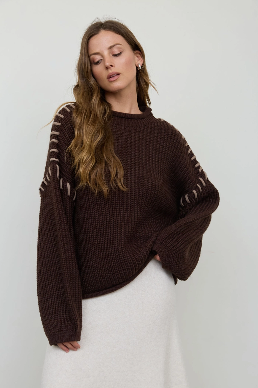 Contrast Stitch Detail Mock Neck Chunky Sweater - Chocolate