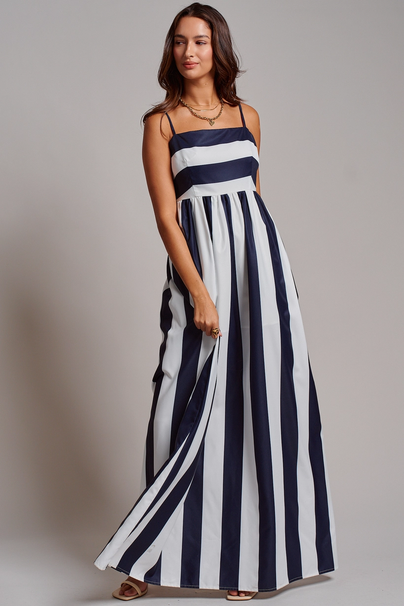 Vertical Stripe Smocked Back Maxi Dress - Ivory Navy