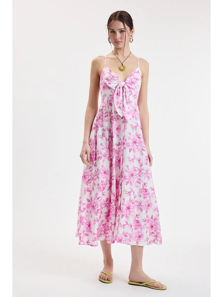 Vivid Camellia Tie Bust Crossed Strap Midi Dress - Pink Camellia