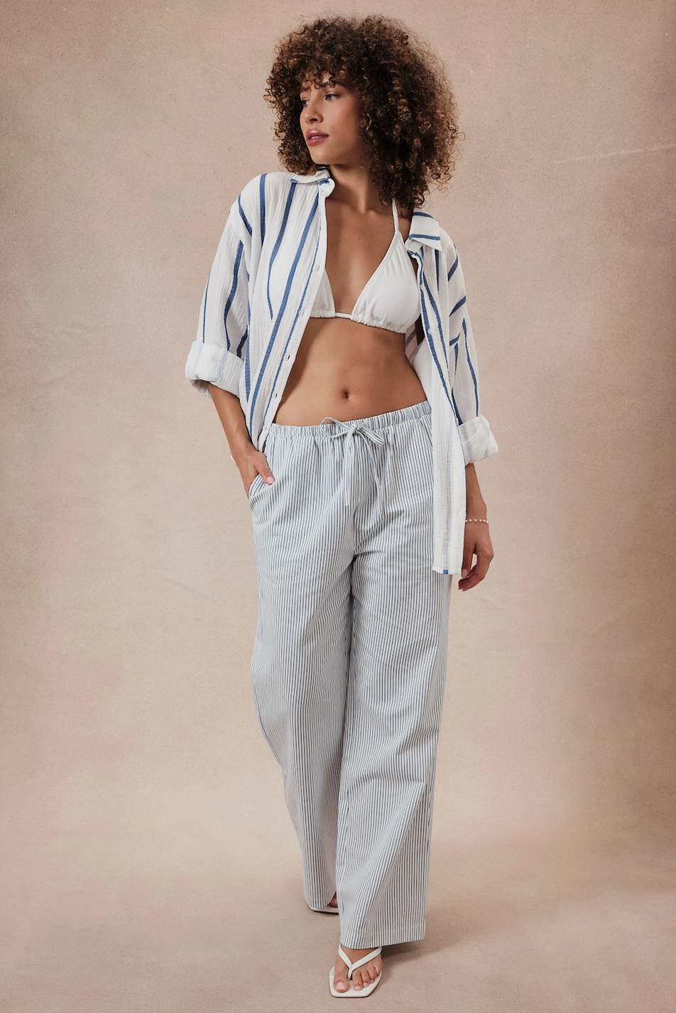Midi Waist Draw String Stripe Twill Wide Pants - White/Blue Stripe