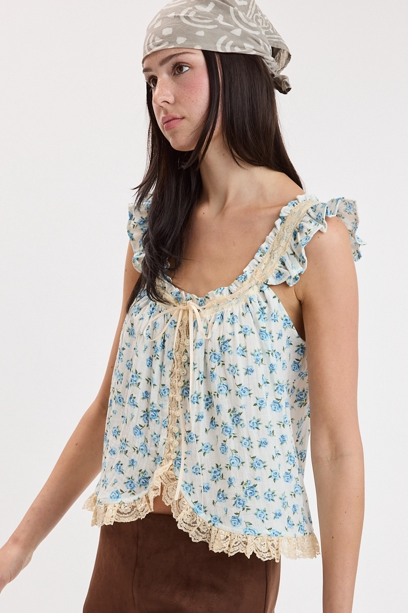 Vivid Ditsy Floral Ruffle Wing Sleeve Cami Top - Blue Vivid