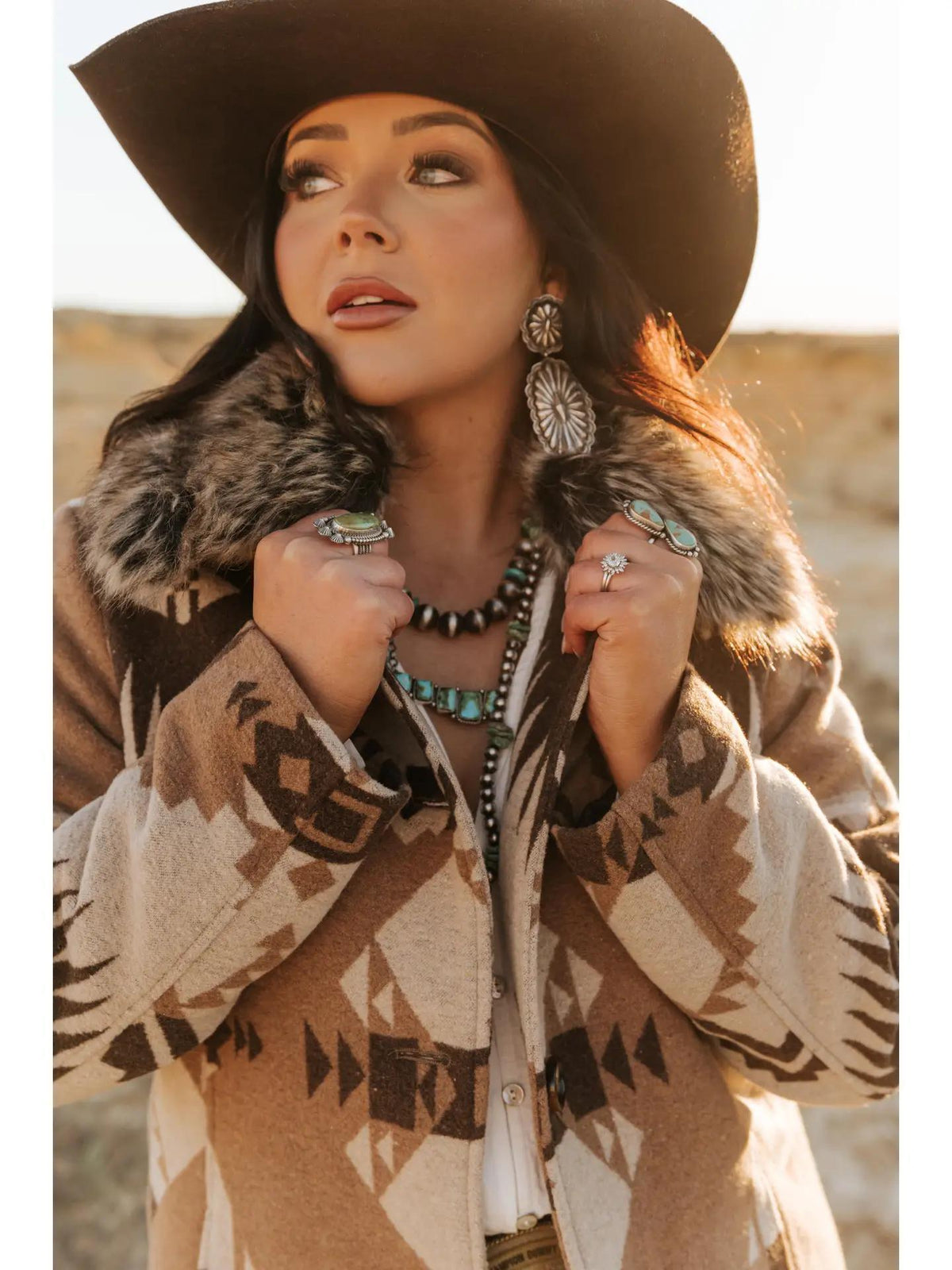 Aztec Long Coat with Removable Fur Collar