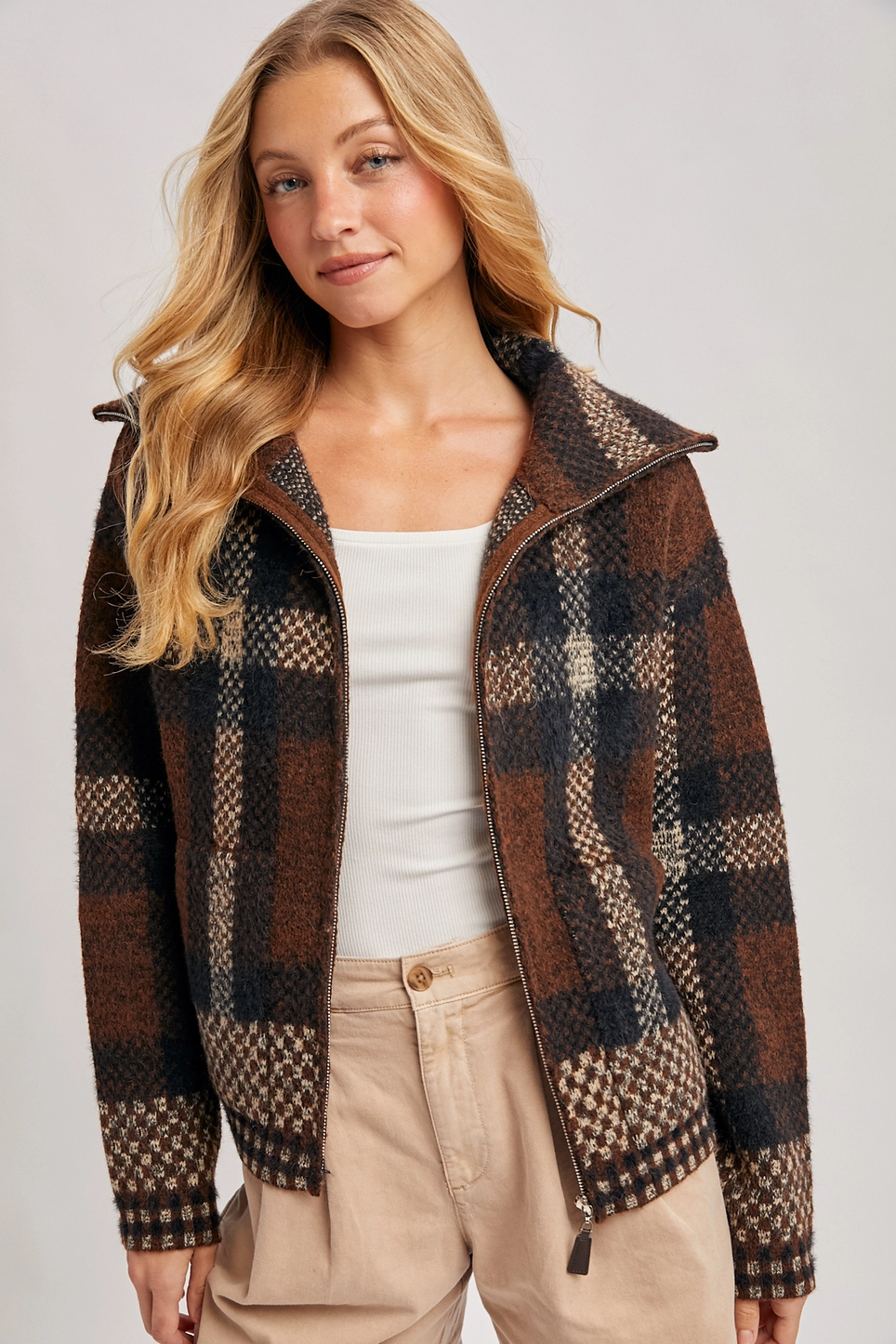 Plaid Zipper Front Wide Collar Fuzzy Knit Sweater Jacket - Mocha Combo