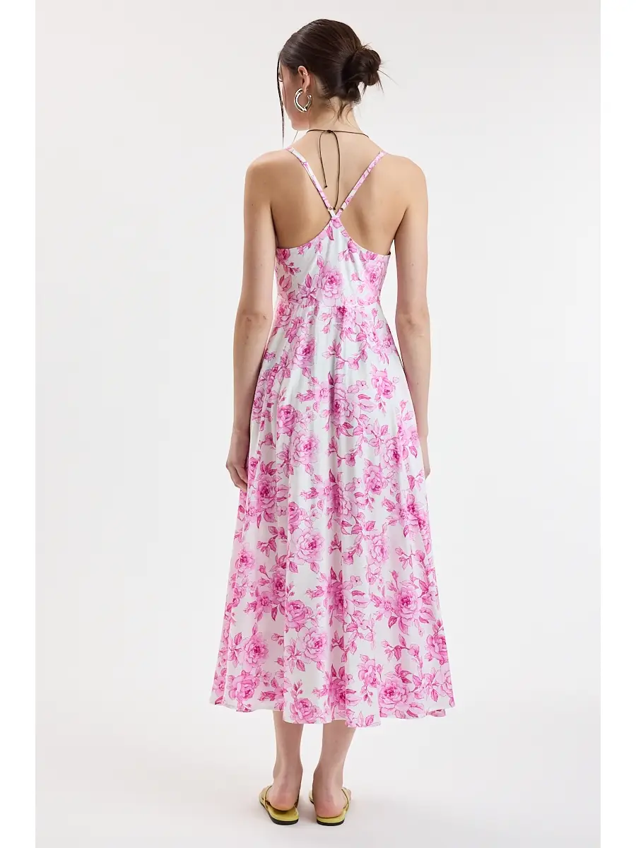 Vivid Camellia Tie Bust Crossed Strap Midi Dress - Pink Camellia
