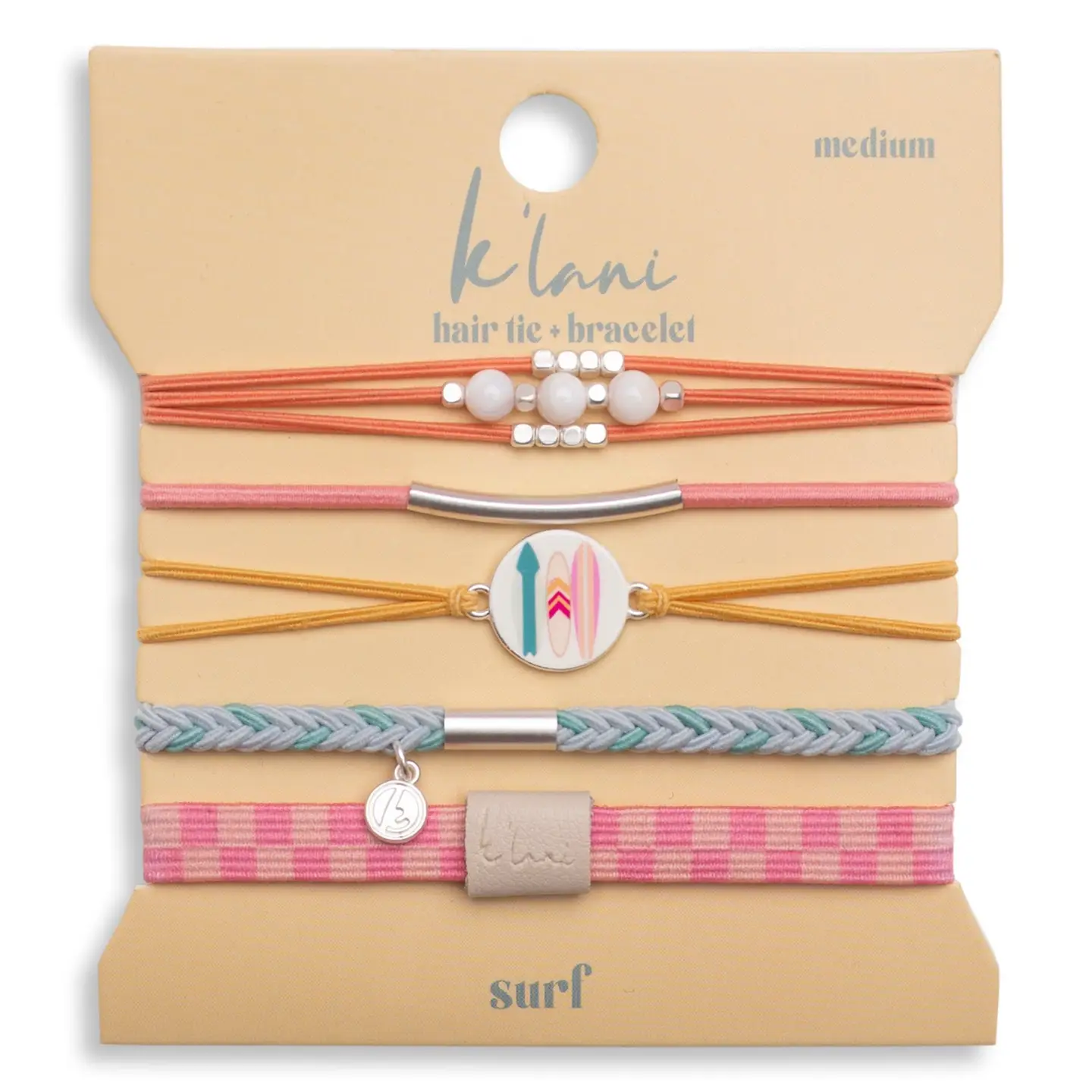 "Surf" Surfboard with Silver Accents Hair Tie Bracelets - Medium