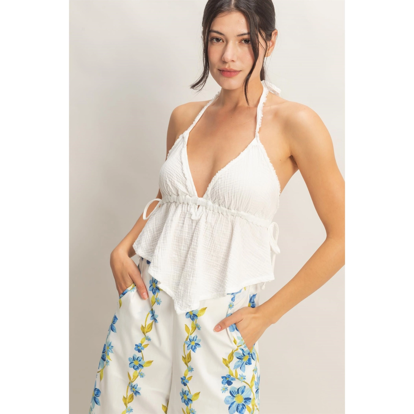 Textured Halter Tie Waist Top - Off White