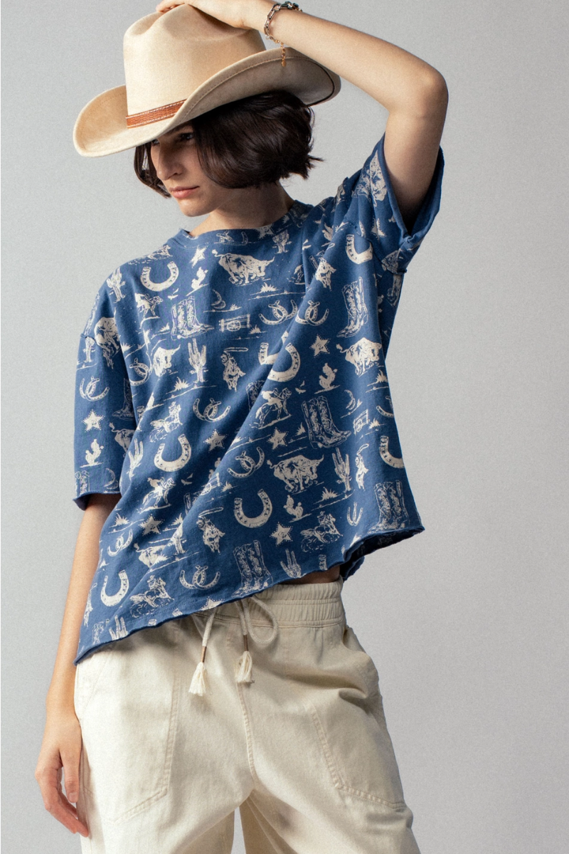 Western Graphic Print Relaxed Fit Tee Blue - Front View