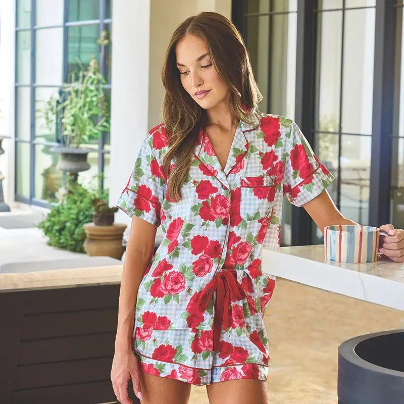 Pjs with Velvet Tie - Blue Gingham + Red Roses