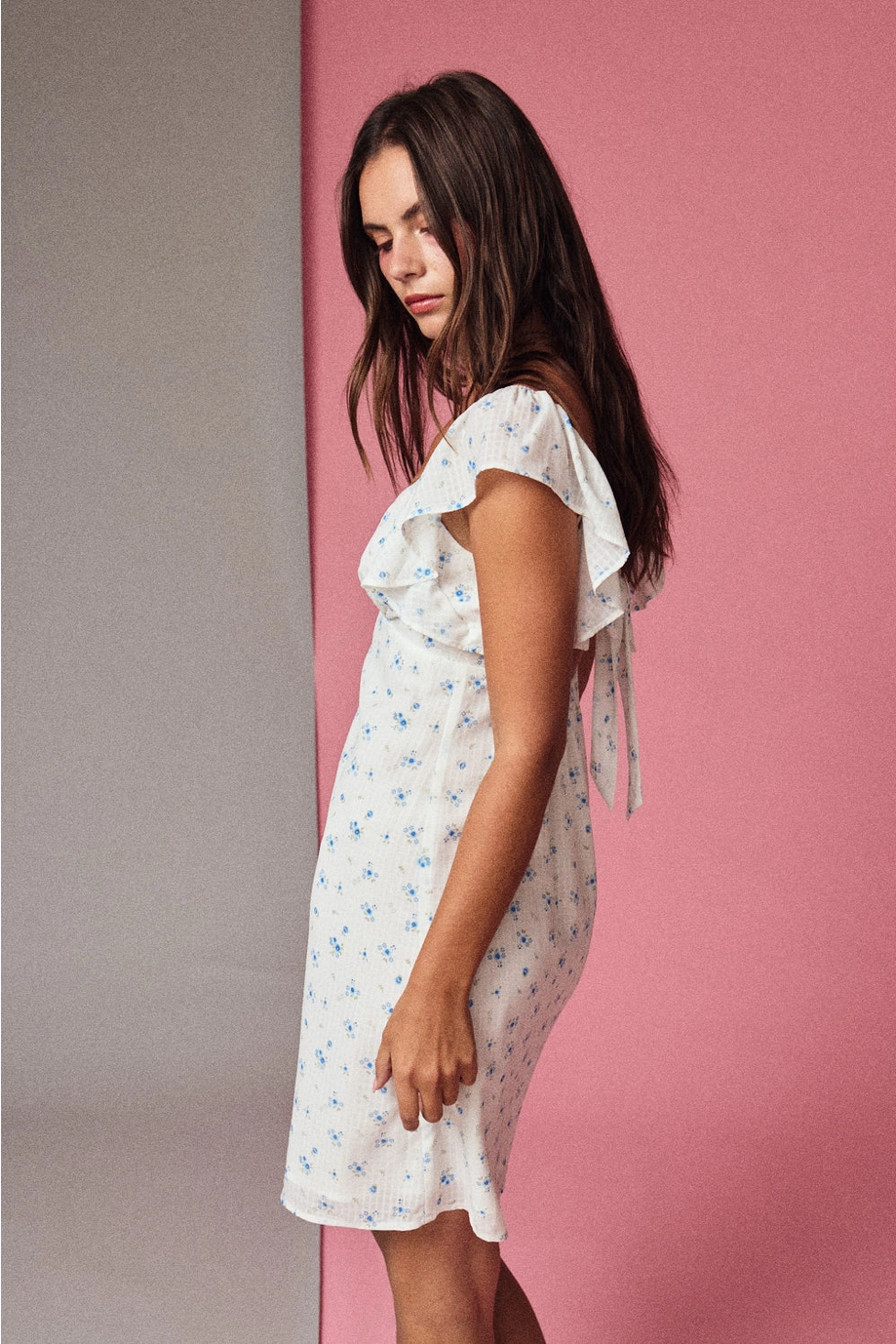 Floral Ruffle Sleeve Mini Dress - White/Blue