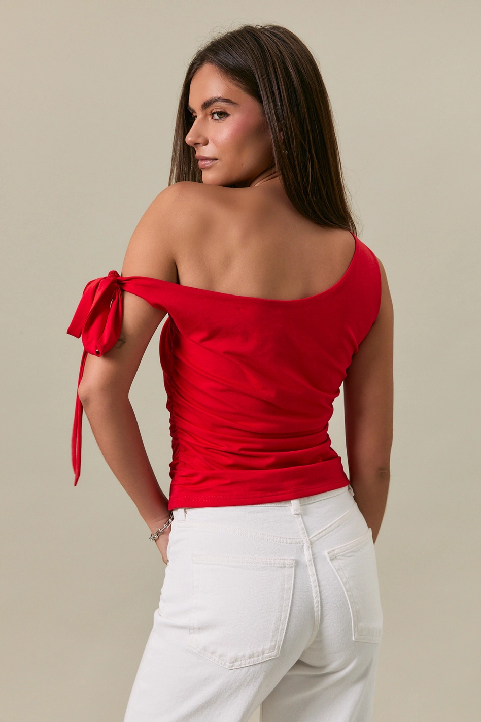 SELF DOUBLE ONE SHOULDER TIE DETAIL TOP